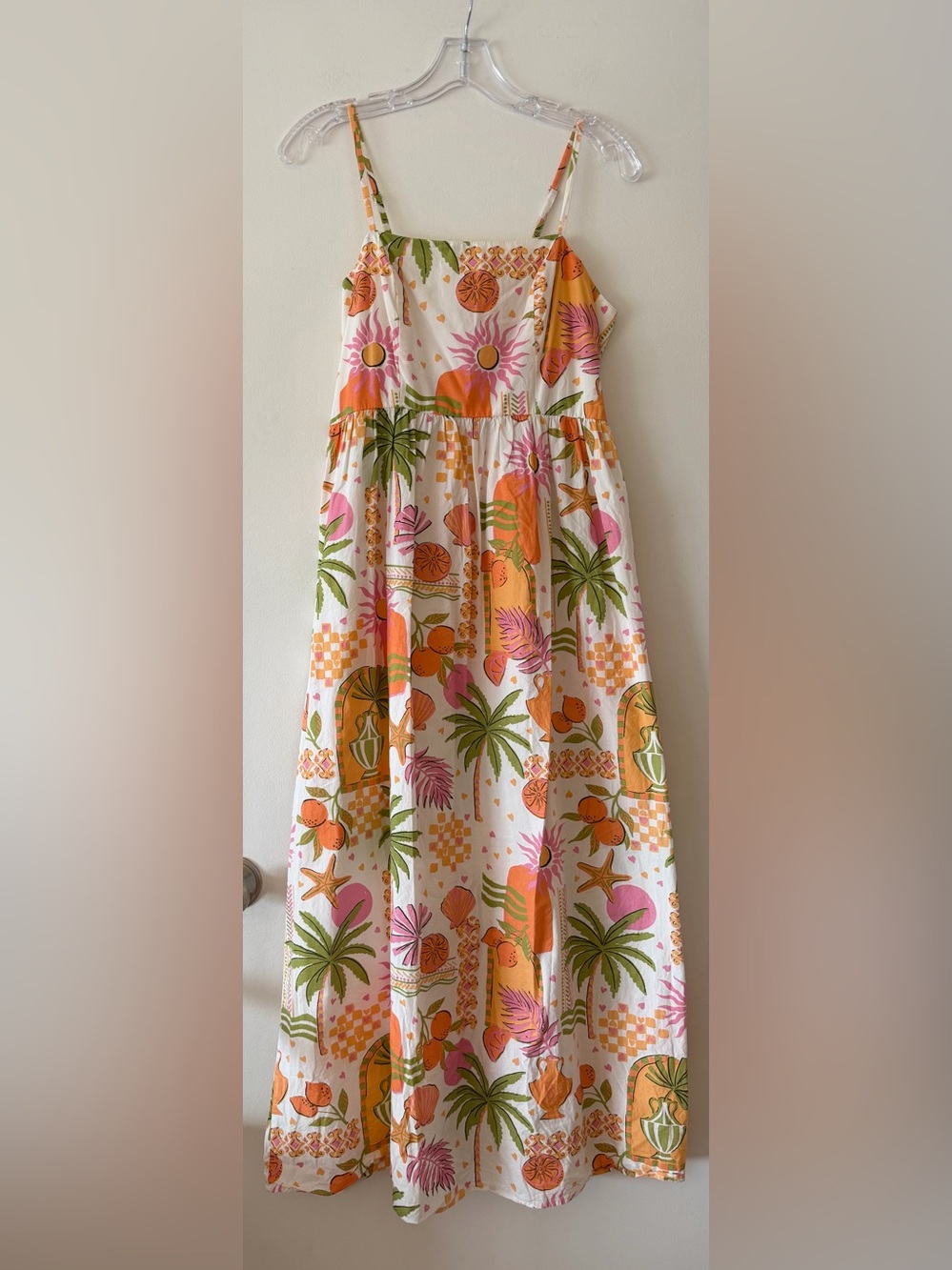 Japna Tropical Palm Tree Maxi Dress Cotton Smocked Back Resort Sunset Large